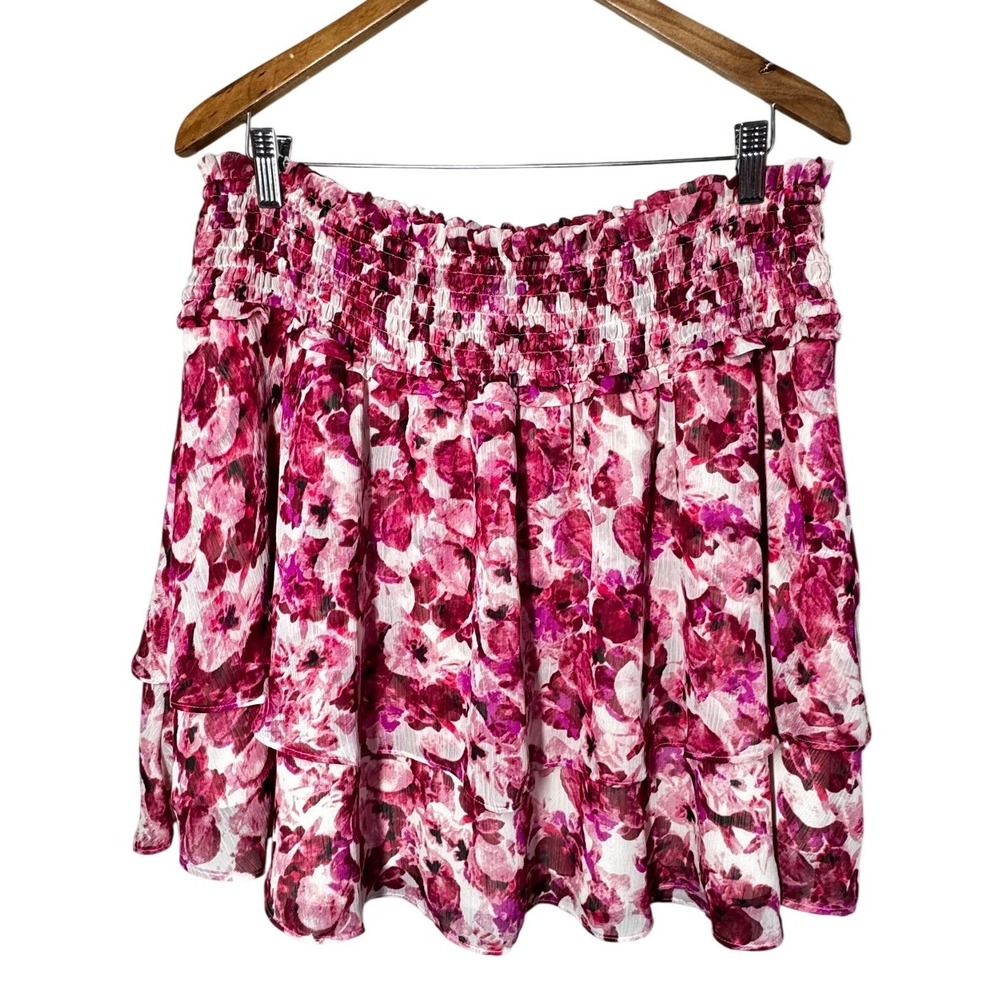 Express Womens Pink Floral Smocked Tiered Ruffle Mini Skirt Size XL Garden Party